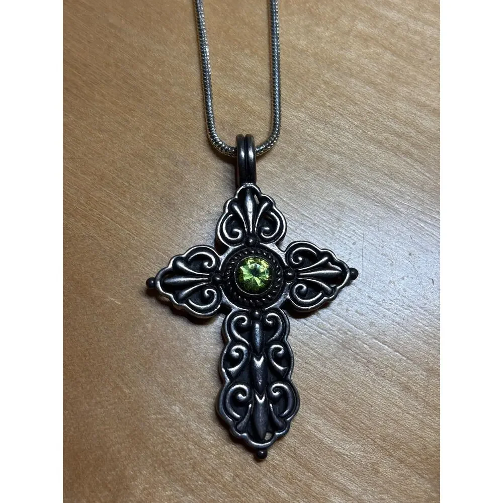Vintage Hefty 925 Sterling Silver Ornate Green Peridot Cross Necklace 18" - Picture 2 of 15